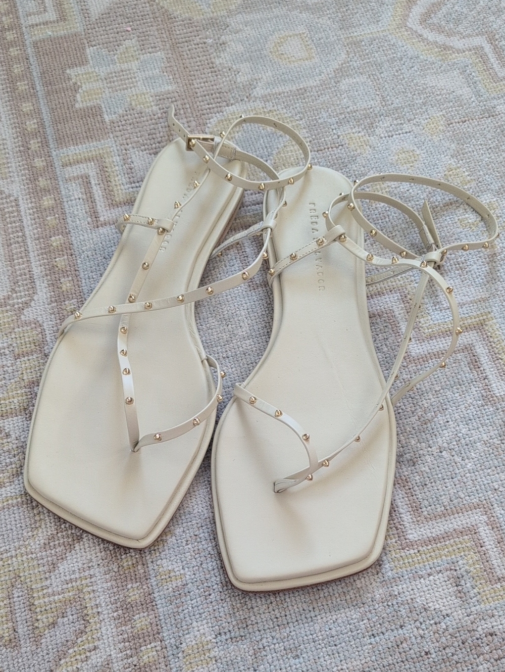 Freda Salvador Alexia Barely There Sandal in Vanilla Calf with Gold Studs